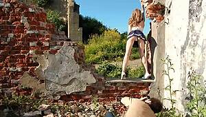 Spunky Blonde Teen Model Strips Naked in Outdoor Miniskirt Photoshoot