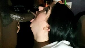 Chubby brunette wife with big natural tits slurps lucky BBC monster head deep