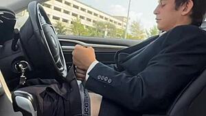 Monster cock throbs hard while stroking big dick exposed in the car