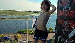 Spunky Blonde Teen Model Strips Naked in Outdoor Miniskirt Photoshoot