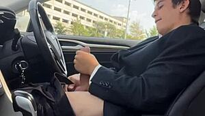 Monster cock throbs hard while stroking big dick exposed in the car