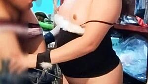 Sexy curvy neighbor catches me dressing as prostitute licks my ass I suck his cock passionately