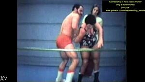 mixed nude wrestling match turns intense with sweaty body grapples