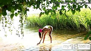 yo check this adorable skinny 18yo finger her shaved wet pussy outdoors