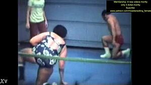 mixed nude wrestling match turns intense with sweaty body grapples