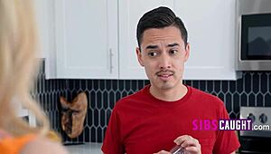 Stepsis strips in kitchen then gets petite pussy fucked hard