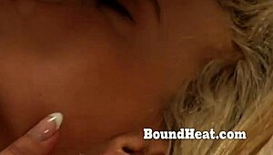 curvy blonde lesbian mistress punishes bound slave with hard strapon domination orgasm