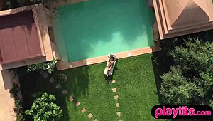 Petite Asian Milf's Small Tits And Slender Blonde's Ass Stripped Naked Poolside