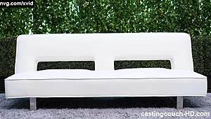 Petite Asian teen tackles first huge BBC on sofa with wild riding