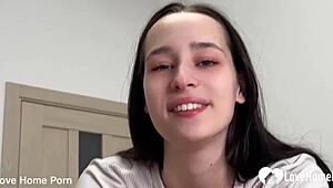 Brunette amateur babe practices hardcore blowjob handjob on cock