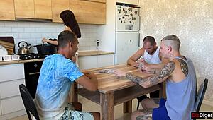 Cuckold shares skinny wife after card game loss in rough kitchen gangbang creampie