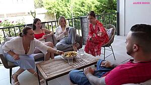 Curious teen and milf tease huge italian cock publicly on balcony?