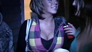 Petite Brunette Coed Teases Before Hard Pussy Pounding at University Party