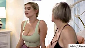 Busty stepmom's shaved pussy tribs stepdaughter's in orgasmic lesbian lick frenzy