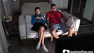 ponytailed teen brunette facefucks monster cock on sofa