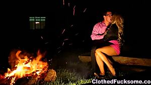 Glamour babe in heels and satin gets fingered then cum sprayed outdoors