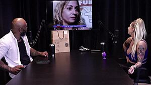 In jail, the bandit's wife Julia Fontanelli straps into special seat on sheer red for public watch.