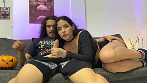 Petite Curvy Latina Milf Spits Handjob Blowjob on Big Cock in Homemade Halloween Ass Play