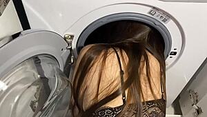 Stepsister stuck in washing machine again—time for rough creampie rescue!