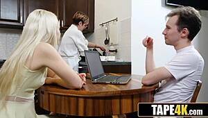 stepsis sneaks under table sucking stepbro's small dick while mom lectures on morals