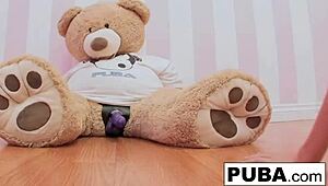 Busty Brett Rossi Thrusts Stuffed Bear's Strap-On Dildo Deep Into Her Wet Pussy