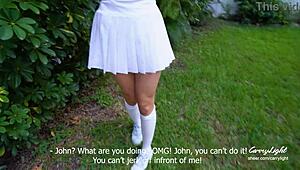 Step Mom Catches Step Son Jerking Off Outdoors and Takes Cum in Panties!