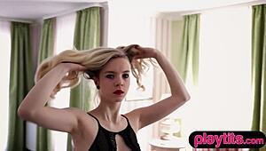 PETITE BLONDE GERMAN BABE STRIPS TO SHOW perky small tits and hairy beaver