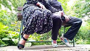 Mature BBW milf teases with saggy tits before outdoor public handjob sex