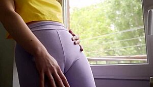 stepsis struts around gym in skin-tight leggings cameltoe bulging her fat teen pussy lips everywhere