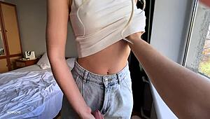 stepsister makes stepbrother explode cum fast in her tight panties while boyfriend waits outside!