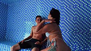 big ass colombian milf kylei ellish rides dani clark in public sauna to facial cumshot