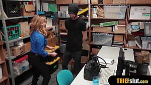 Hot blonde milf security guard catches thief, bends for rough tits-bouncing doggystyle fuck