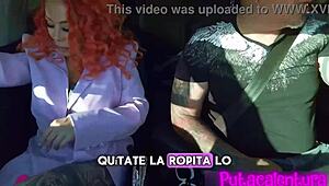 curly redhead latina milf in lingerie moans loud while riding cock in the car