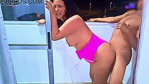 Picture this latina milf slurping cock on medellin balcony as cars zoom by below