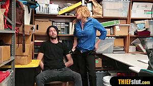 Hot blonde milf security guard catches thief, bends for rough tits-bouncing doggystyle fuck