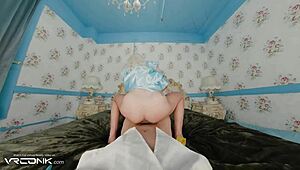 vr cosplay teen blonde cinderella slurps monster cock then rides it missionary