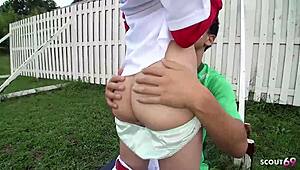 Skinny Japanese cricket babe bends for coach's uncensored creampie doggy outdoors