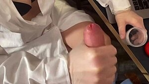 Superbuilt wife anal fingers her ass while jerking monster cock