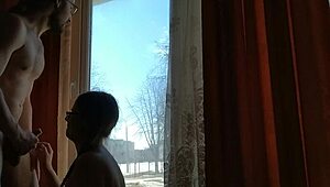 Helga risks public bareback ass fuck by window as people pass