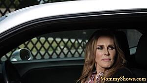 Stepmom grabs the dildo and fucks her busty teen stepdaughter's tight hole while they kiss