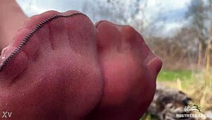 Forest Goddess Spreads Legs Teasing Feet in Tan Pantyhose