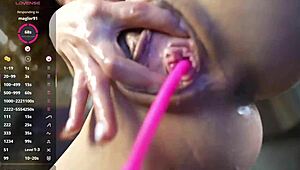 monika the shaved student slut fingers her pussy with dildo till she squirts hard on cam