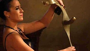 Bent Over Bound Slave Endures Mistress's Giant Strapon In Dripping Cunt