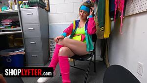Incompetent Blonde Shoplifter with Big Natural Tits Caught and Stripped in Backroom for Police Questioning Behind Scenes