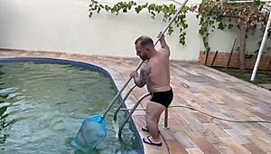 hot boss pays midget poolboy with tight pussy creampie fuck