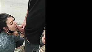 hot brunette amateur sucks cock sloppy outdoors public flashing