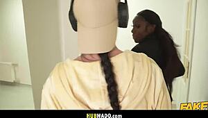 ebony mystique and lady gang share big black cock deepthroat, ass licking and cum swapping ffm threesome in czech dorm