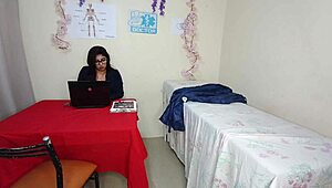 perverted doctor fingers and fucks his moaning patient's wet pussy in the office