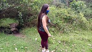 stepmom flashes huge pussy lips and tits in forest for stepson