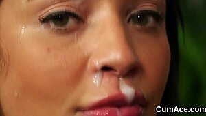 nasty babe slurps jizz loads in wild bukkake face cumshot frenzy